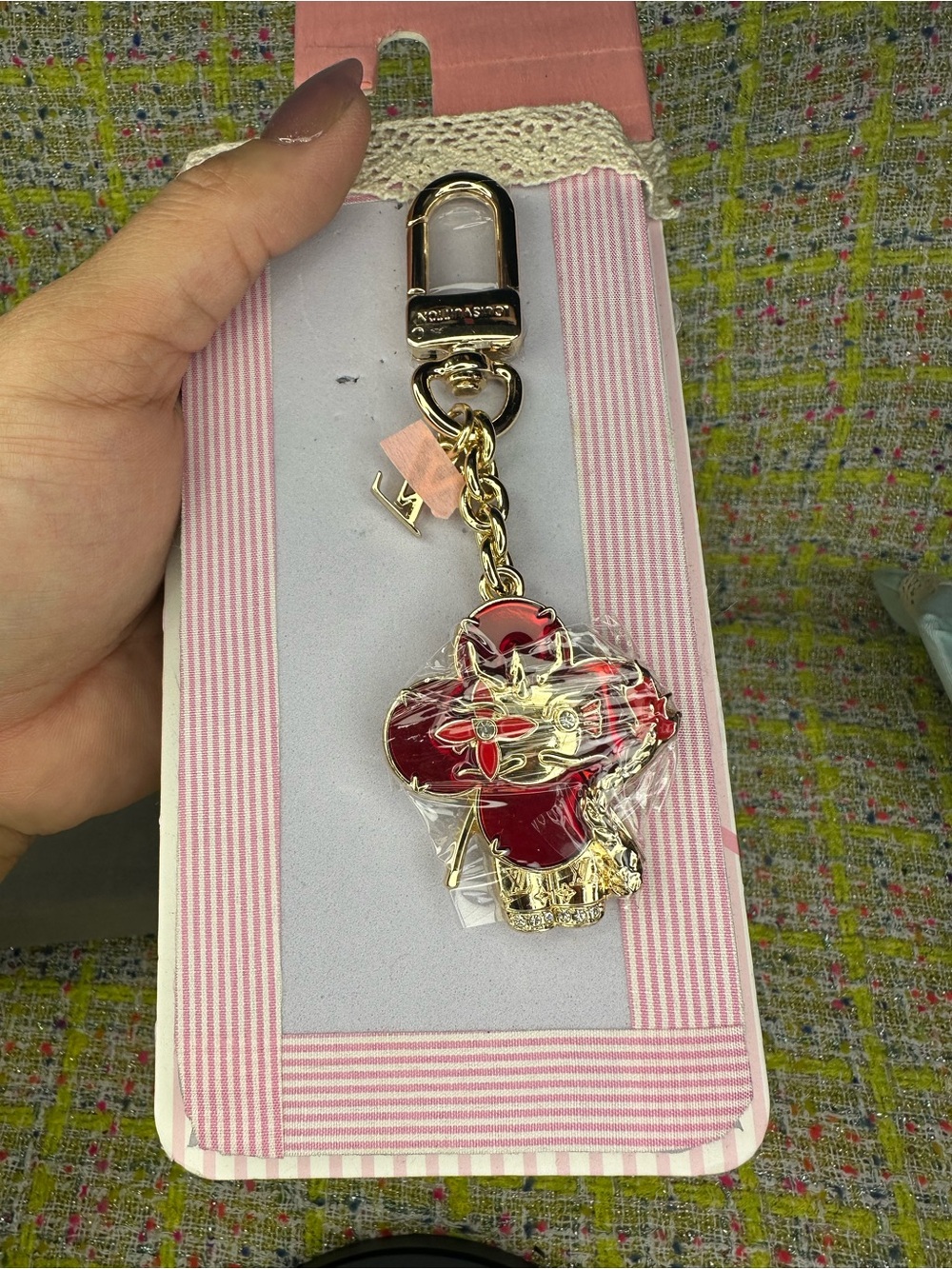 Louis Vuitton Gold-Tone Red Floral Monogram Key & Card Holder Charm
